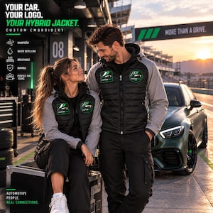 May include: A black and gray hybrid jacket featuring custom embroidery on the chest. The jacket includes a hood, a full-length front zipper, and textured gray sleeves. Text on the image reads: YOUR CAR. YOUR LOGO. YOUR HYBRID JACKET. CUSTOM EMBROIDERY.