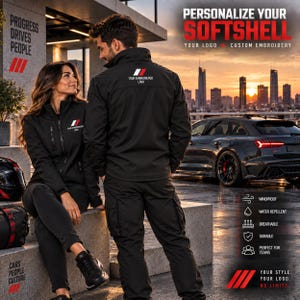 May include: Black softshell jackets featuring custom embroidery and logo placement. The jackets include text reading PERSONALIZE YOUR SOFTSHELL, YOUR LOGO, CUSTOM EMBROIDERY, PROGRESS DRIVES PEOPLE, CARS PEOPLE CULTURE, and YOUR STYLE. YOUR LOGO. NO LIMITS.