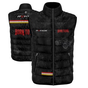 May include: A black quilted puffer vest featuring a high collar and a full-length front zip. The vest displays the text RYKER and BORN TO RIDE in red and white, along with a graphic of a three-wheeled vehicle and horizontal red, white, and yellow stripes.