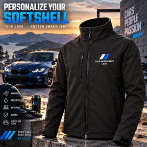 Op maat geborduurde softshelljas voor monteurs en garages, gepersonaliseerde racewagen-streetwear, jas voor motorsportliefhebbers, auto-cadeau voor BMW-fans