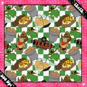 May include: A repeating pattern featuring Texas Roadhouse imagery. The design includes illustrations of a cowboy armadillo, steak, baked potatoes, rolls, and buckets of peanuts, set against a green and white checkered background. The Texas Roadhouse logo is also present.