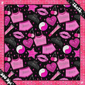 Puede incluir: Un patrón repetido sobre un fondo negro presenta camisetas sin mangas y pantalones cortos rosas Juicy, labios, corazones, estrellas, símbolos yin-yang, pinzas para el pelo y pendientes de cereza. El diseño está enmarcado por una cuadrícula rosa y el texto "12x12" y "300 DPI".