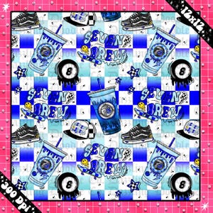 May include: A repeating pattern with blue and white chequered squares, featuring images of coffee cups, skateboards, trainers, and baseball caps. The text "SEVEN BREW" is displayed, along with the number "73".