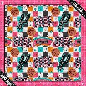 May include: A colorful patterned design featuring basketballs, the San Antonio Spurs logo, and the text "SPURS GO". The design includes a checkerboard pattern with stars and a pink border. The image is labeled "12x12" and "300 DPI".