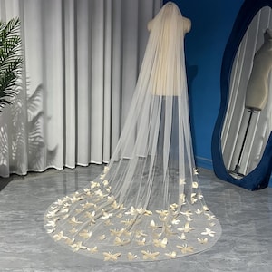 Champagne Luxury Cathedral Wedding Veil, Dispersed Flower Decal Veil, Butterfly Mantilla bride veil,  Single layer bridal veil, and comb