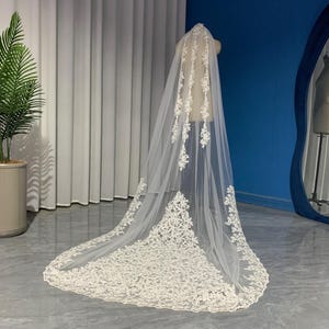 Velo de lujo color marfil, velo de novia de una sola capa, velo de encaje y tul de una sola capa con peineta, 118 pulgadas de largo, velo de catedral.