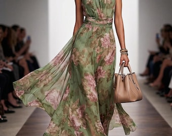 Groene maxi-jurk met halternek bloemen | Zomerjurk van chiffonzijde, bohostijl