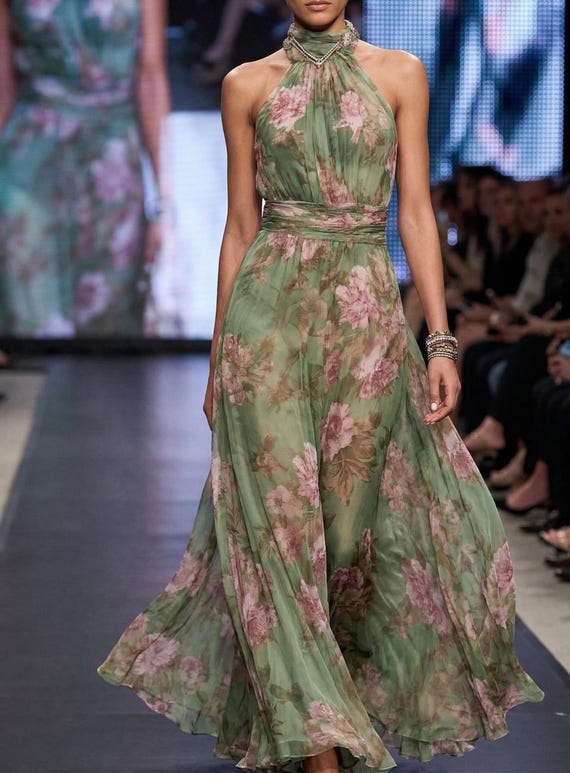 green floral halter neck dress Green Floral Halter Neck Maxi Dress