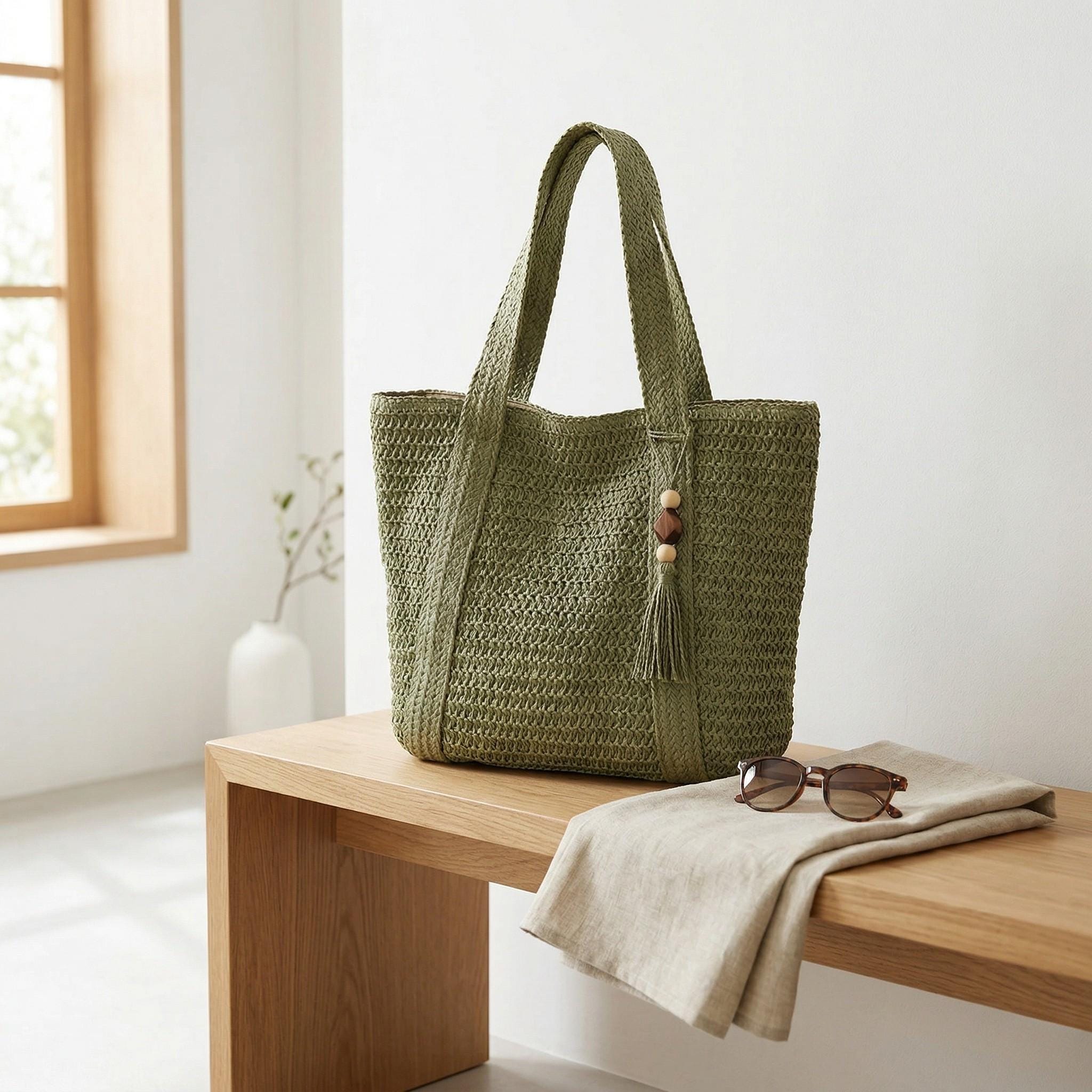 Straw Woven Tote Bag, Women’s Beach Shoulder Handbag, Summer Casual Bag ...