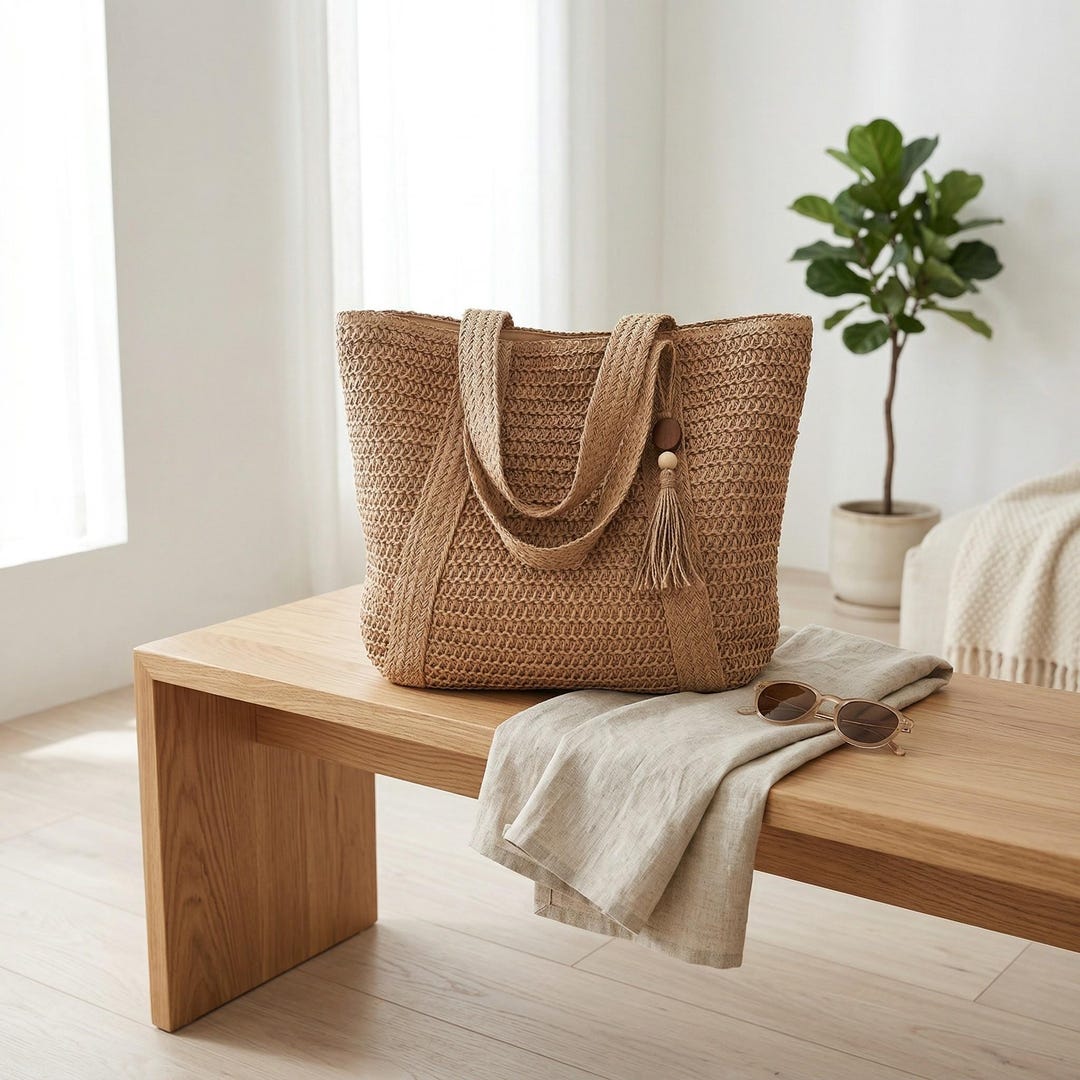 Straw Woven Tote Bag, Women’s Beach Shoulder Handbag, Summer Casual Bag ...