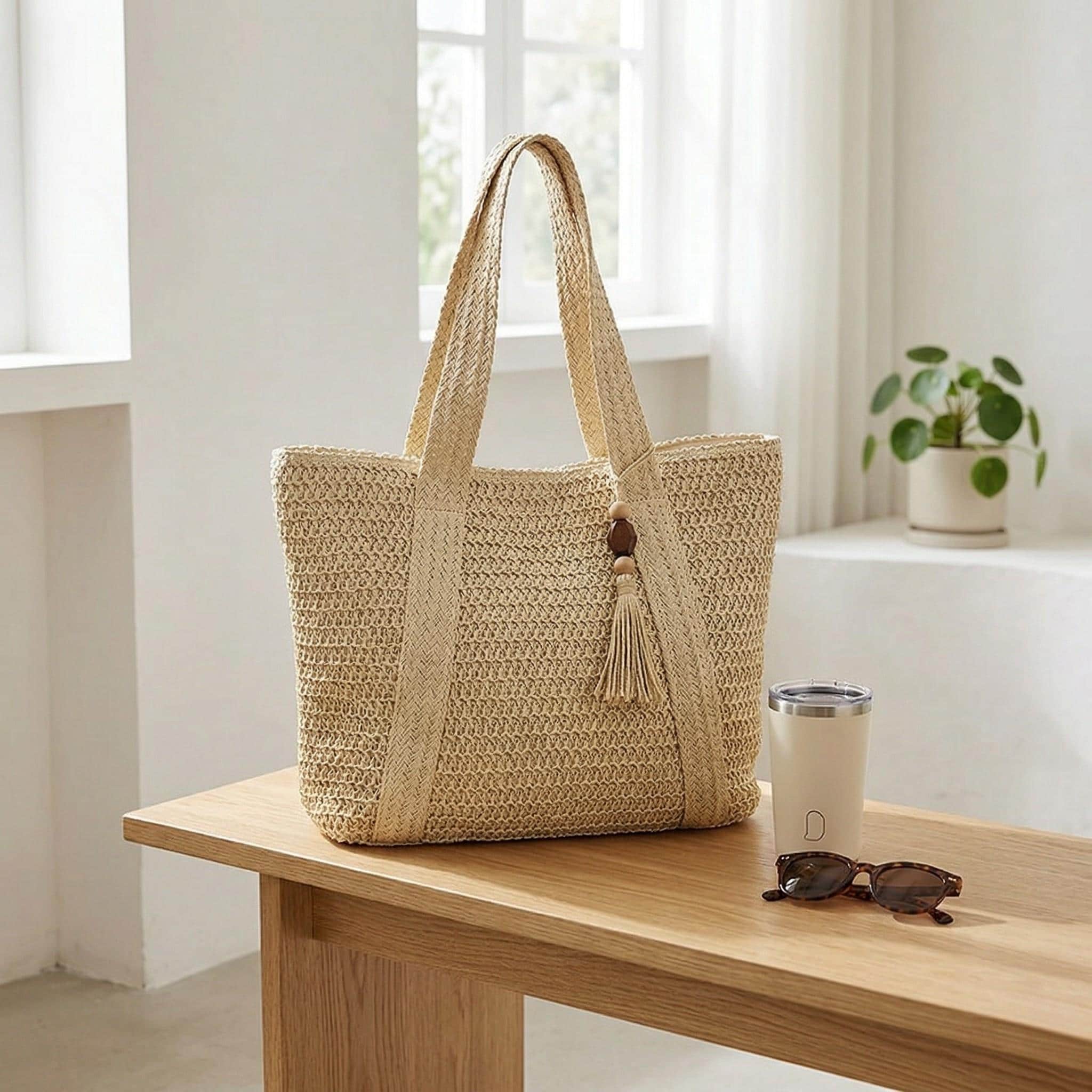 Straw Woven Tote Bag, Women’s Beach Shoulder Handbag, Summer Casual Bag ...