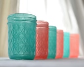 SALE - Stained Glass Mason Half Pint Jars - Set of 6 - Aqua Blue and Coral
