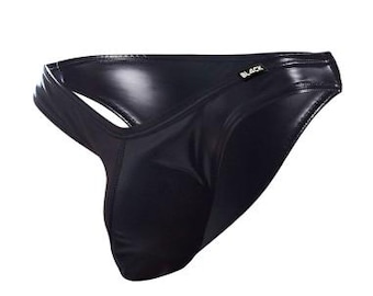Majtki bikini Boost Black Leatherette – niski stan, męskie, z imitacji skóry
