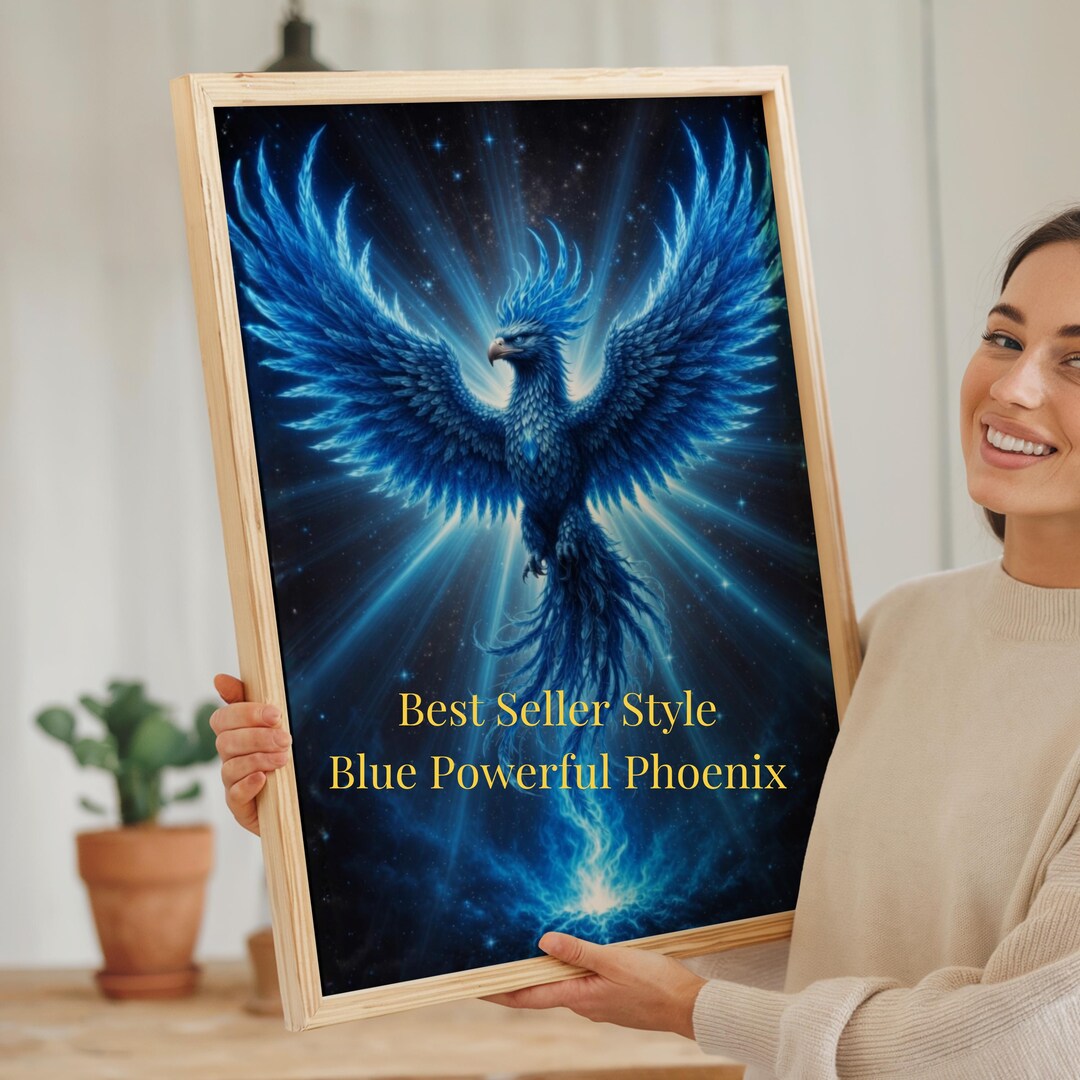 Blue Powerful Phoenix Art Print, Rebirth Symbol Wall Decor, Living Room ...