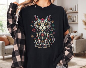 Comfort Colors Sugar Skull Cat Shirt, Dia De Los Muertos Tee, Day of The Dead Skeleton Cat, Mexican Art Cat Lover Gift