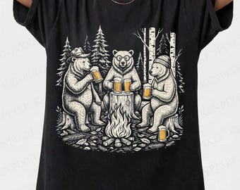 Vintage Drinking Bears Camping Shirt, Funny Beer Lover Tee, Campfire Party Tshirt, Forest Nature Outdoors Gift, Retro Grizzly Bear Shirt