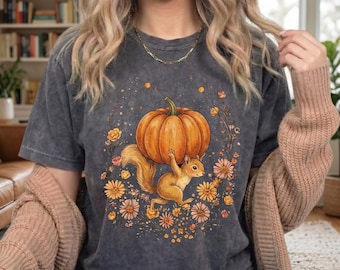 Pumpkin Festival Shirt, Cute Squirrel Graphic Tee, Fall Autumn Aesthetic Tshirt, Thanksgiving Gift, Cottagecore Pumpkin Lover Top