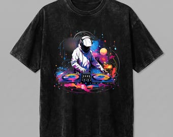 DJ Comfort Colors Shirt, Neon Galaxy EDM Graphic Tee, Retro Space Music Lover Gift, Vintage Acid Wash Synthwave T-Shirt
