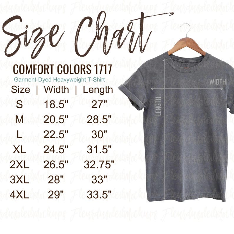 May include: A grey Comfort Colors 1717 garment-dyed heavyweight t-shirt on a wooden hanger. A size chart shows measurements in inches for sizes S to 4XL. The chart lists width and length measurements for each size, with the smallest size being 47cm in length.