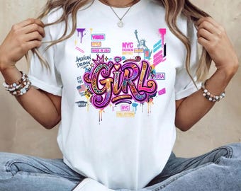 Y2K Girl Graffiti Shirt, NYC Retro Graphic Tee, Comfort Colors American Dreamin Shirt, Trendy Neon Aesthetic Top