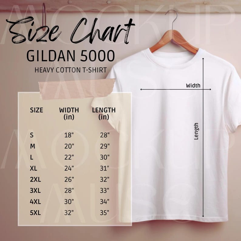 May include: A white Gildan 5000 heavy cotton t-shirt hangs on a wooden hanger. A size chart shows measurements in inches for sizes S to 5XL, including width and length. The chart is labeled "Size Chart".