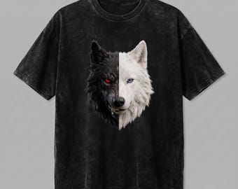 Yin Yang Wolf Comfort Colors Tee, Split Face Black White Wolf Shirt, Vintage Edgy Graphic Tshirt, Animal Lover Gift