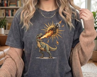 T-Rex Destroying Sun Shirt, Funny Fire Breathing Dinosaur Tee, Vintage Celestial Dino T-Shirt, Unisex Graphic Tee, Comfort Colors Shirt