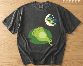 Comfort Colors Frog Shirt, Cute Sleeping Froggy Tee, Superhero Frog Moon Graphic T-Shirt, Cottagecore Frog Lover Gift Unisex
