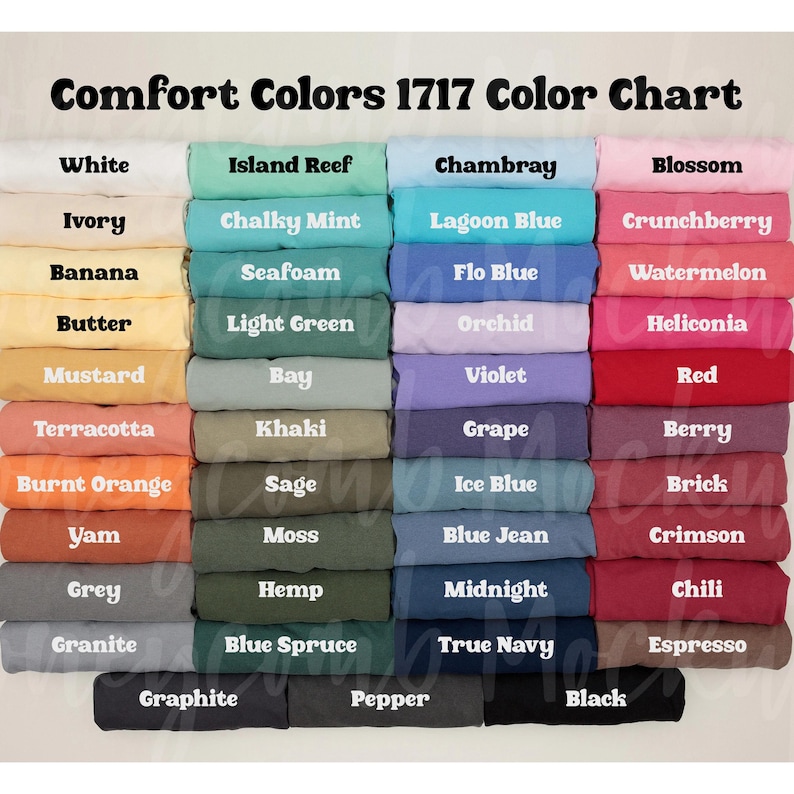 May include: A colour chart showcasing Comfort Colors 1717 fabric shades. The chart presents a range of colours, including white, blue, pink, green, and neutral tones. Each colour is labelled with its name, such as "Chambray" and "Berry".