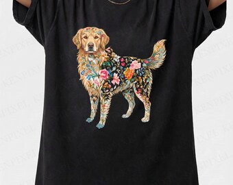 Golden Retriever Shirt, Cute Dog Lover Gift, Golden Retriever Mom T-Shirt, Botanical Flower Dog Tee, Aesthetic Dog Owner Gift