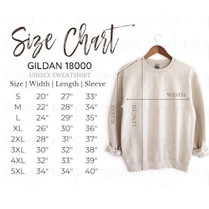 May include: A beige Gildan 18000 unisex sweatshirt displayed on a hanger, with a size chart. The chart lists sizes S to 5XL, with measurements for width, length, and sleeve length in inches. The text "Size Chart" is at the top.