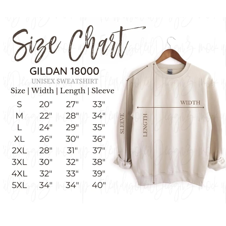 May include: A beige Gildan 18000 unisex sweatshirt displayed on a hanger, with a size chart. The chart lists sizes S to 5XL, with measurements for width, length, and sleeve length in inches. The text "Size Chart" is at the top.