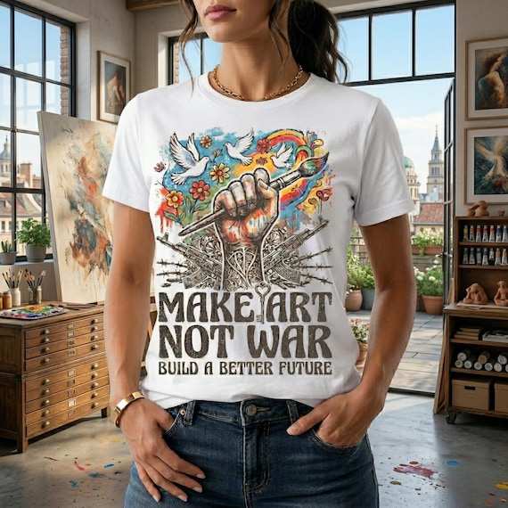 Make Art Not War Shirt, Peace Activist Tee, Artist Inspirational Tshirt, Anti-War Protest Shirt, Dove and Flowers Graphic Tee, Unity Gift