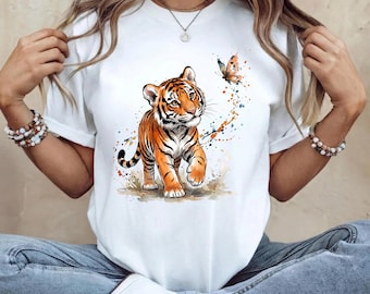 Comfort Colors Watercolor Tiger Shirt, Cute Baby Tiger Butterfly Tee, Safari Animal Lover Top, Zoo Trip Graphic T-Shirt