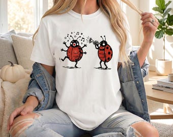 Comfort Colors Ladybug Shirt, Cute Dancing Bug Tee, Trumpet Player Musician Gift, Retro Insect Graphic T-Shirt, Whimsical Animal Top