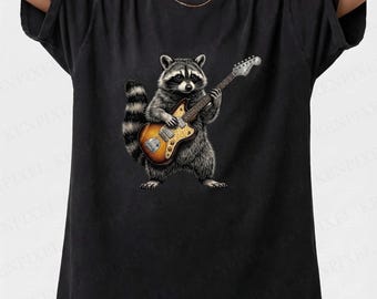 Vintage Raccoon Guitar Shirt, Funny Trash Panda Tee, Rock Animal Graphic T-Shirt, Cute Retro Raccoon Gift, Heavy Cotton