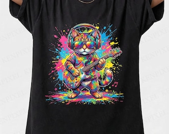 Cute Cat Rock Star T-Shirt, Colorful Splash Art Kitten Tee, Electric Guitar Player Gift, Vibey Meow Musician Shirt for Men Women
