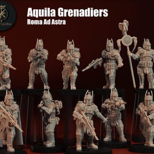 Puede incluir: Colección de figuras en miniatura grises de Granaderos Aquila, con cascos y armaduras, sosteniendo armas. El texto "Aquila Grenadiers" y "Roma Ad Astra" se muestra encima de las figuras. Las figuras están dispuestas sobre una superficie negra.