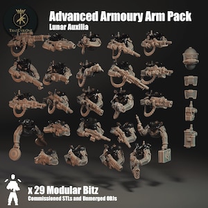 May include: Advanced Armoury Arm Pack Lunar Auxilia x 29 Modular Bitz Commissioned STLs and Unmerged OBJs. A collection of twenty-nine miniature tan-coloured plastic arm components for gaming figures, featuring various weapons, gear, and accessories.