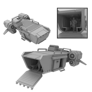 May include: A gray, futuristic spacecraft model with a detailed exterior, including turbines and a ramp. The interior is visible, showing a figure inside. The design suggests a science fiction or fantasy theme.
