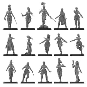 May include: A collection of unpainted miniature figurines of female warriors in various action poses. Each figure is gray and stands on a black base, holding weapons such as swords and pistols. The figures are detailed and suitable for tabletop gaming or collecting.