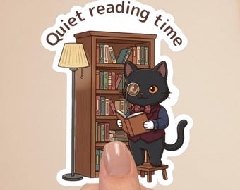 Black Cat Butler Sticker “Quiet Reading time” – Cute Book Lover Cat, Victorian Butler Cat, Cozy Sticker