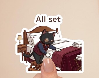Black Cat Butler Sticker “All set” – Cute Ready Cat, Victorian Butler Cat, Planner Sticker