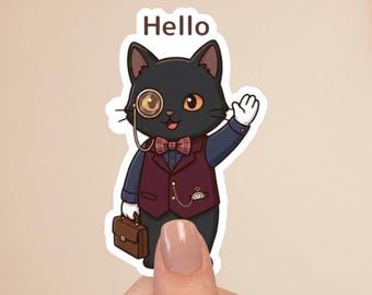 Black Cat Butler Sticker “Hello” – Cute Greeting Cat, Victorian Butler Cat, Kawaii Sticker