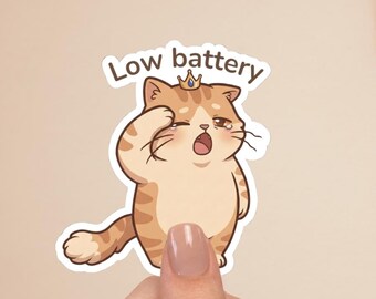 Low Battery Cat Sticker | Tired Cat Laptop Decal | Funny Sleepy Cat Vinyl | Cat Lover Gift