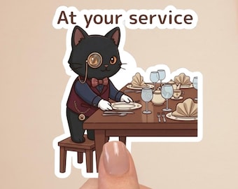 Black Cat Butler Sticker “At your service” – Serving Butler Cat, Cute Victorian Cat, Aesthetic Sticker