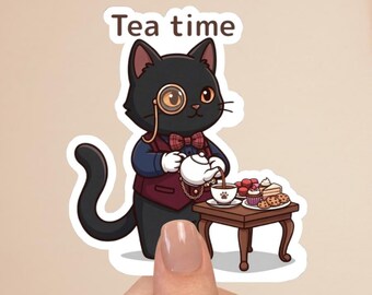 Black Cat Butler Sticker “Tea time” – Cute Tea Cat, Cozy Victorian Cat, Kawaii Aesthetic Sticker