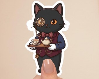 Black Cat Butler Sticker – Elegant Dapper Cat, Cute Victorian Butler Cat, Aesthetic Sticker
