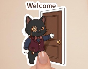 Black Cat Butler Sticker “Welcome” – Cute Greeting Cat, Victorian Butler, Aesthetic Cat Sticker