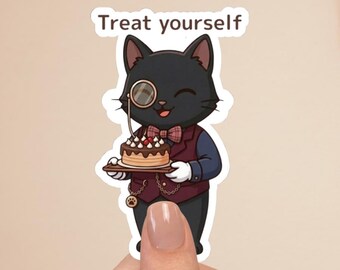 Black Cat Butler Sticker “Treat yourself” – Cute Dessert Cat, Kawaii Black Cat, Planner Sticker